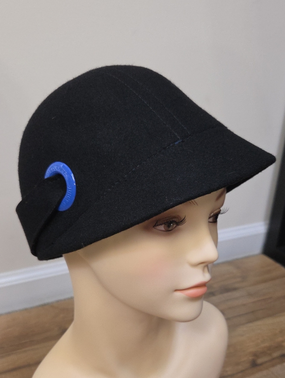 Juicy Couture Black Wool Cloche Hat with Blue Accent